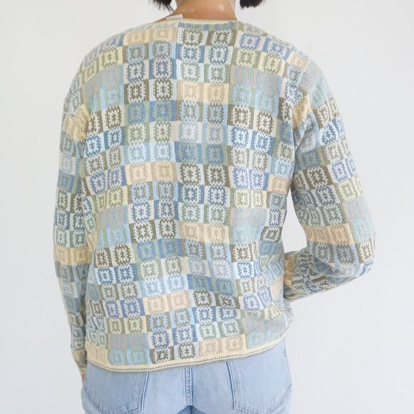 Talbots Blue Green Patchwork Checkered Button Knit Cardigan Cottagecore M - Picture 2 of 9